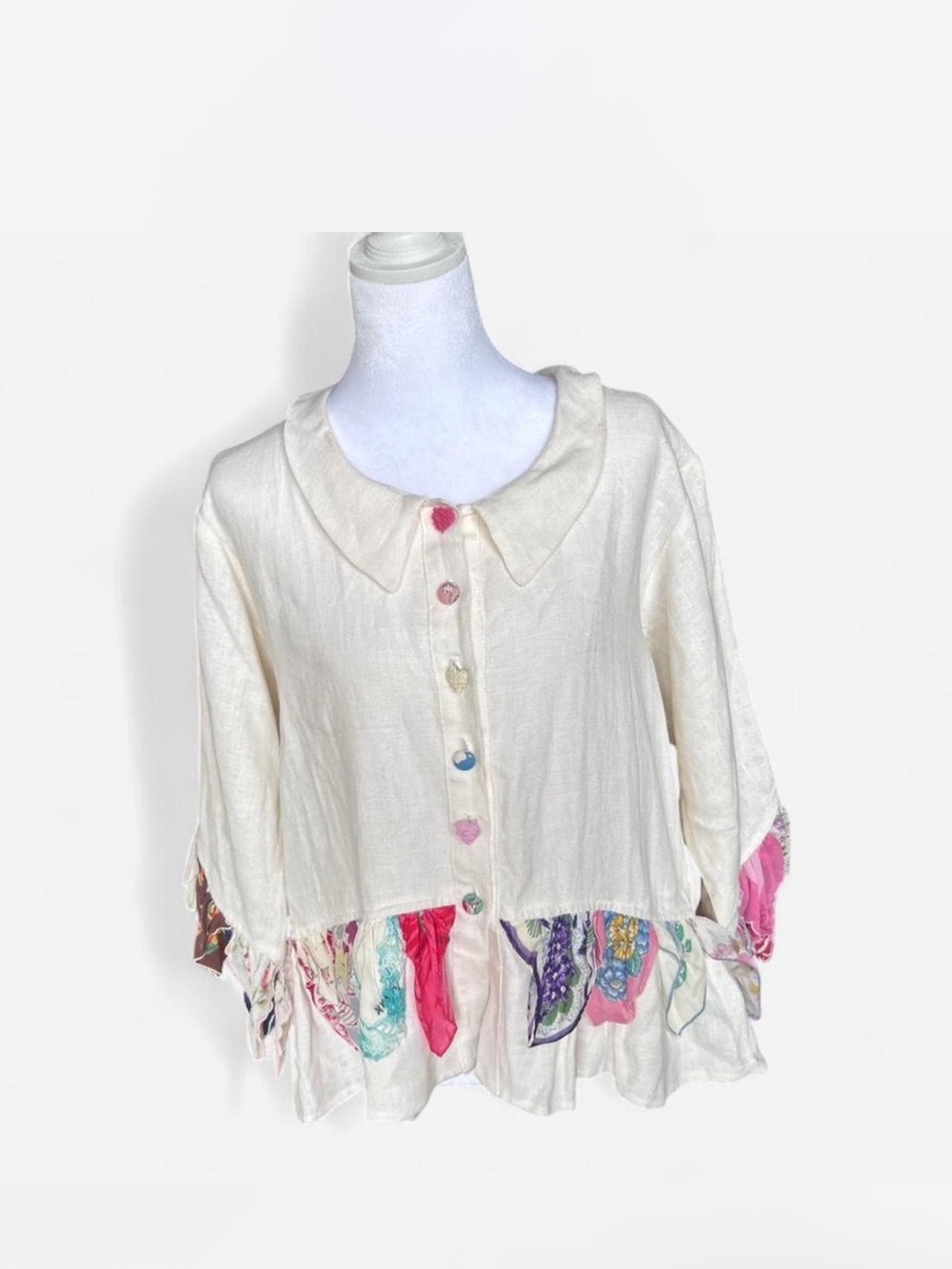 Fairycore Boho Taylor G. linen blouse with colorful floral Boho Patchwork S